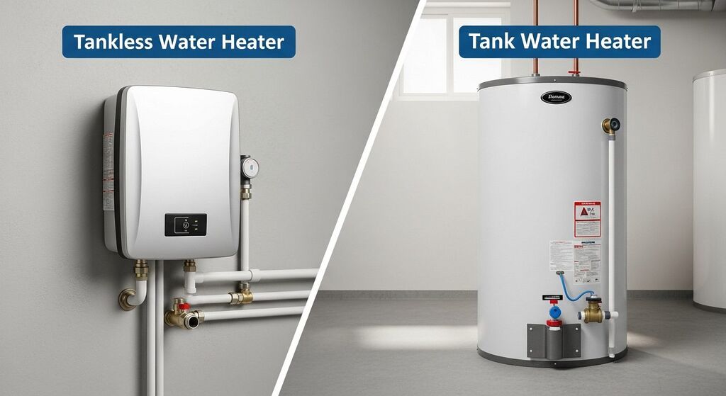 Small mini-tank water heater installed under a bathroom sink as a point-of-use hot water solution