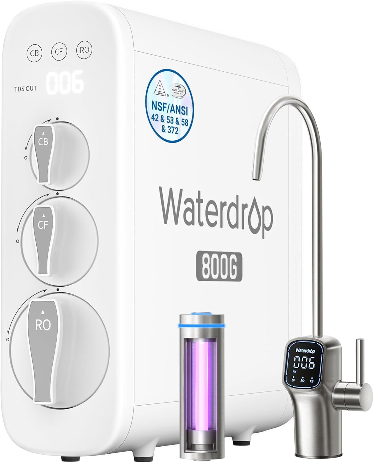 Waterdrop G3P800 Reverse Osmosis System, 800 GPD Fast Flow, NSF/ANSI 42 &  53 & 58 & 372 Certified, 3:1 Pure to Drain, Tankless Under Sink RO Water ...